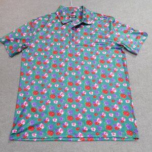Bite Hard Polo Shirt Large Green All Over Floral Print Golf